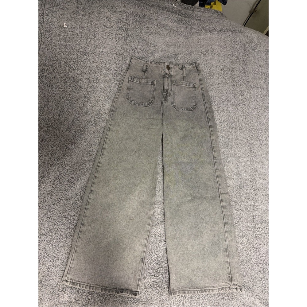 Zara Wide Leg Cropped Jeans Gray Wash High Waist Pockets Belted Womens Size 4